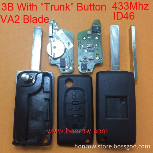 ASK Citroen 3 button flip remote key with VA2 307 blade With trunk 433Mhz ID46 Chip for Citroen car key (After April 2011 year)